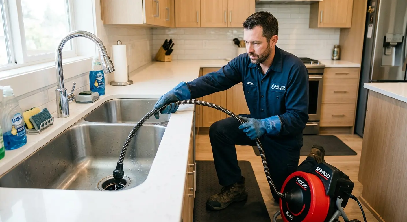 Drain cleaning technician using a motorized snake on a kitchen sink in Batesville