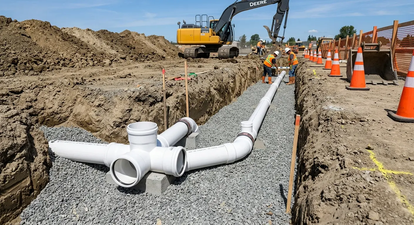 New PVC sewer pipe installation in open trench for Commercial Drain Cleaning in Batesville