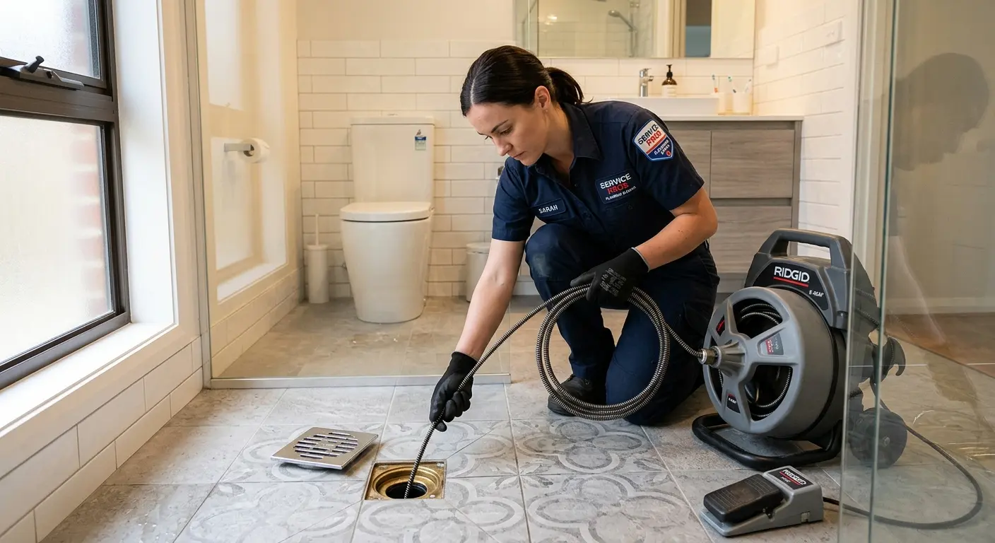 Technician clearing a bathroom floor drain for Hydro Jetting in Batesville